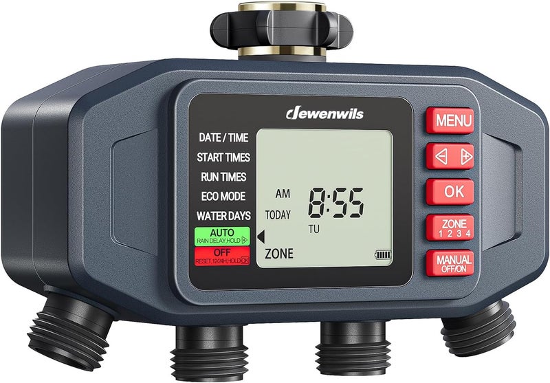 DEWENWILS DEWENWlLS Sprinkler Timer, 4 Zone, Outdoor Faucet lrigation, Rain Delay & Manual, Programmable Water Hose Timer for Holiday, Garden, Lawn, Vegetable Gardening, Potted Flowers - Image 1